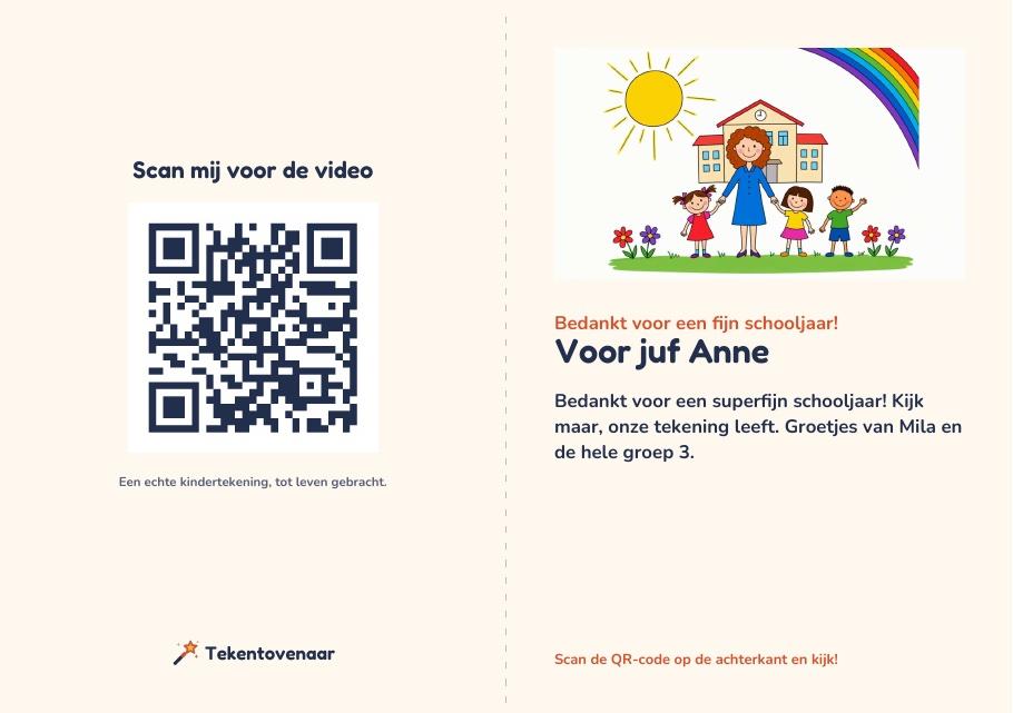 Voorbeeld van de printbare cadeaukaart met een beeld uit de video, een boodschap en een QR-code