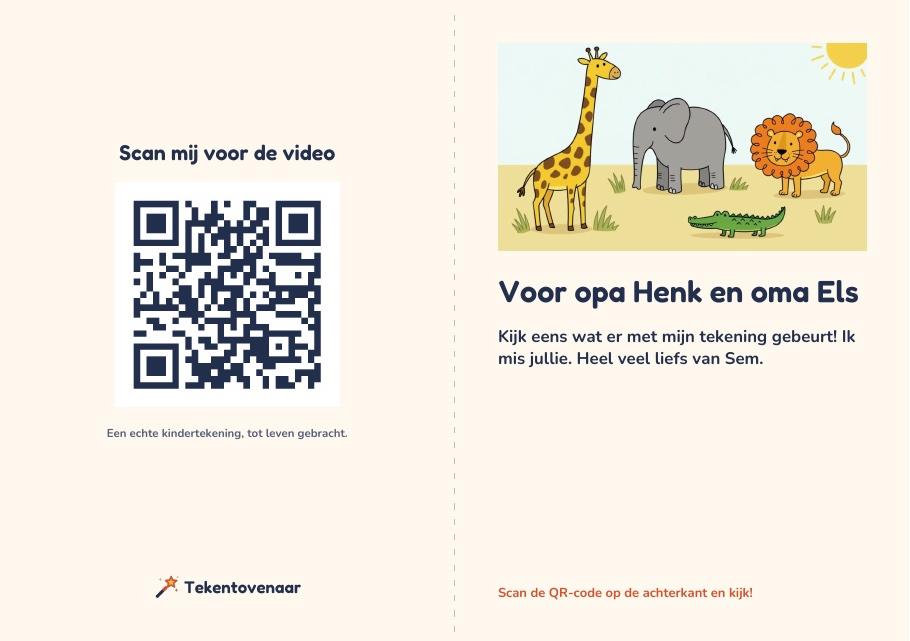 Voorbeeld van de printbare cadeaukaart met een beeld uit de video, een boodschap en een QR-code