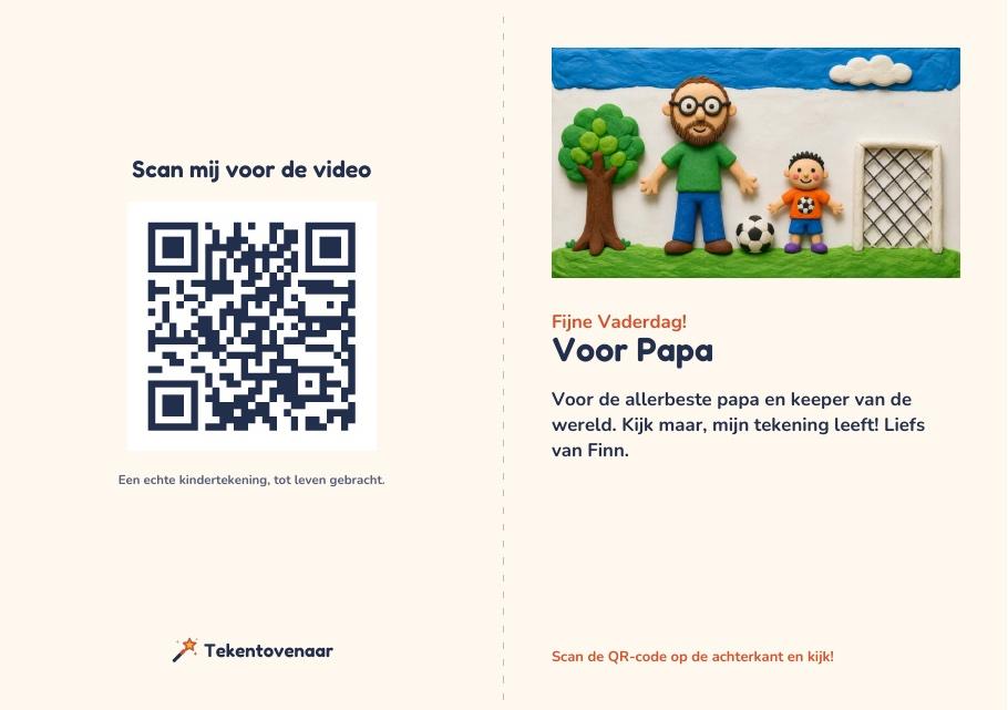Voorbeeld van de printbare cadeaukaart met een beeld uit de video, een boodschap en een QR-code