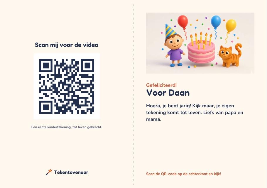 Voorbeeld van de printbare cadeaukaart met een beeld uit de video, een boodschap en een QR-code