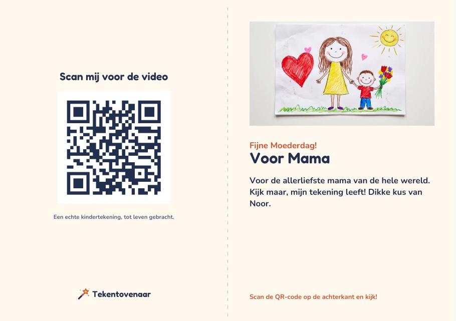 Voorbeeld van de printbare cadeaukaart met een beeld uit de video, een boodschap en een QR-code