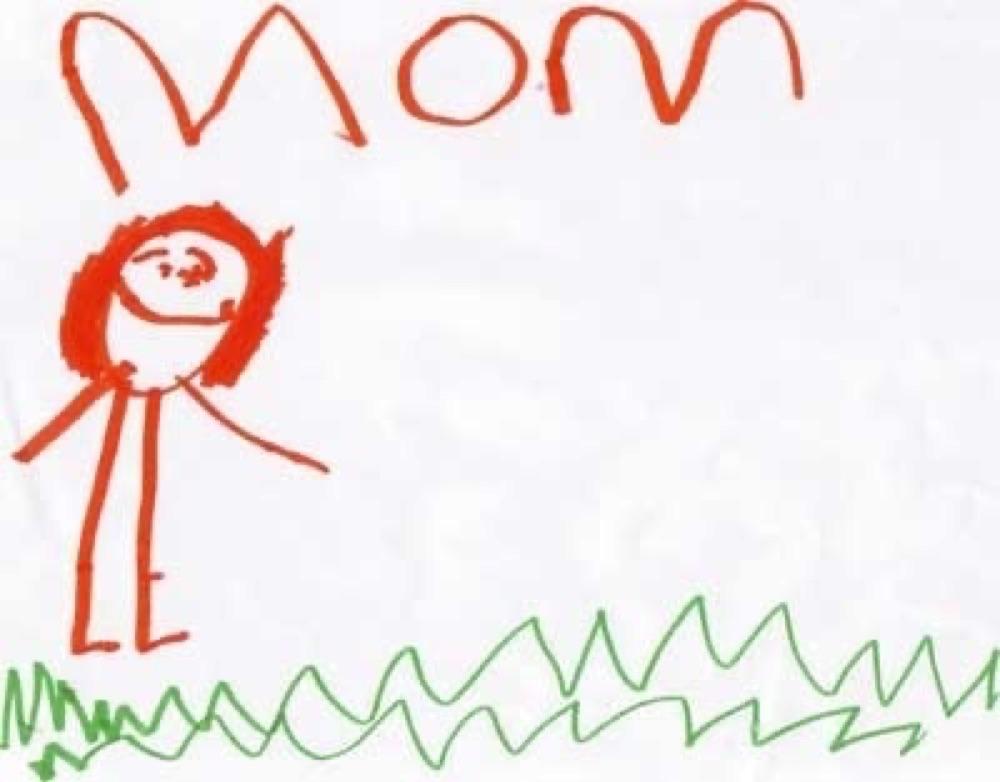Echte kindertekening: Mama zwaait en springt