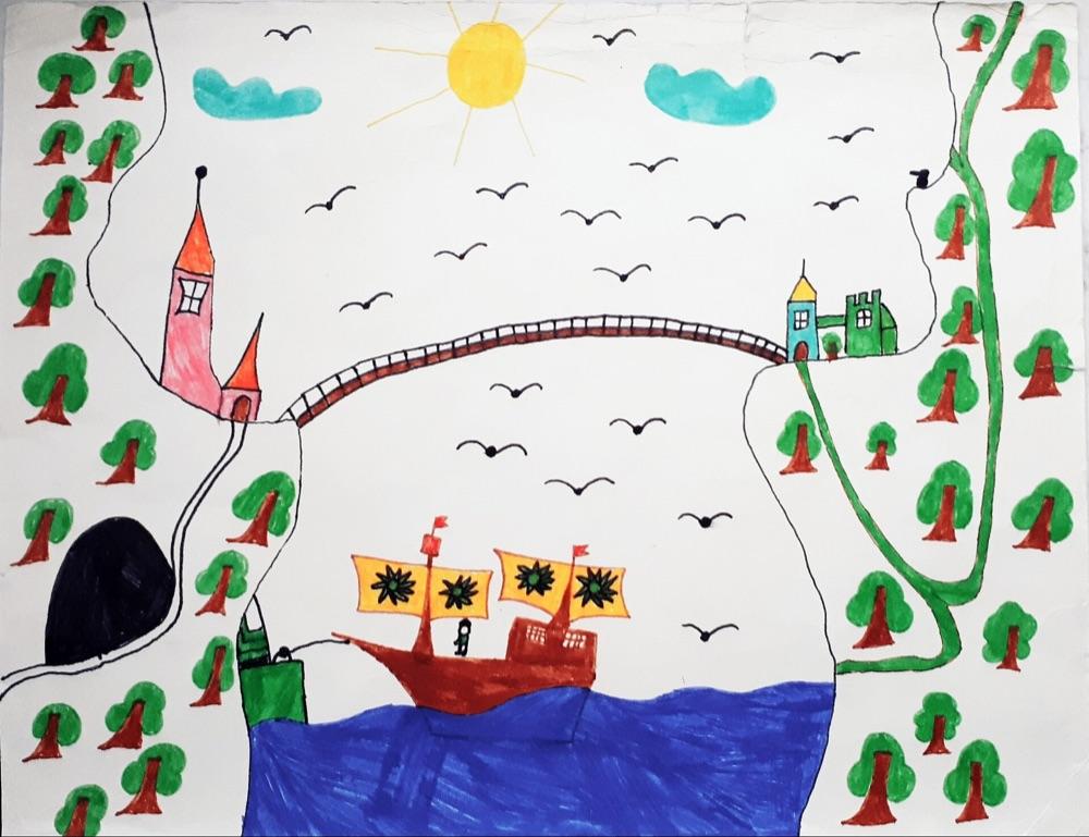 Echte kindertekening: Het schip vaart voorbij