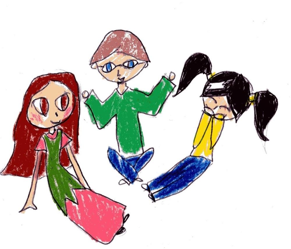 Echte kindertekening: Drie vriendinnen spelen samen
