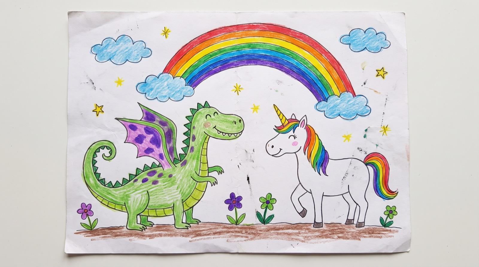 Kindertekening: Een draak en een eenhoorn onder een regenboog