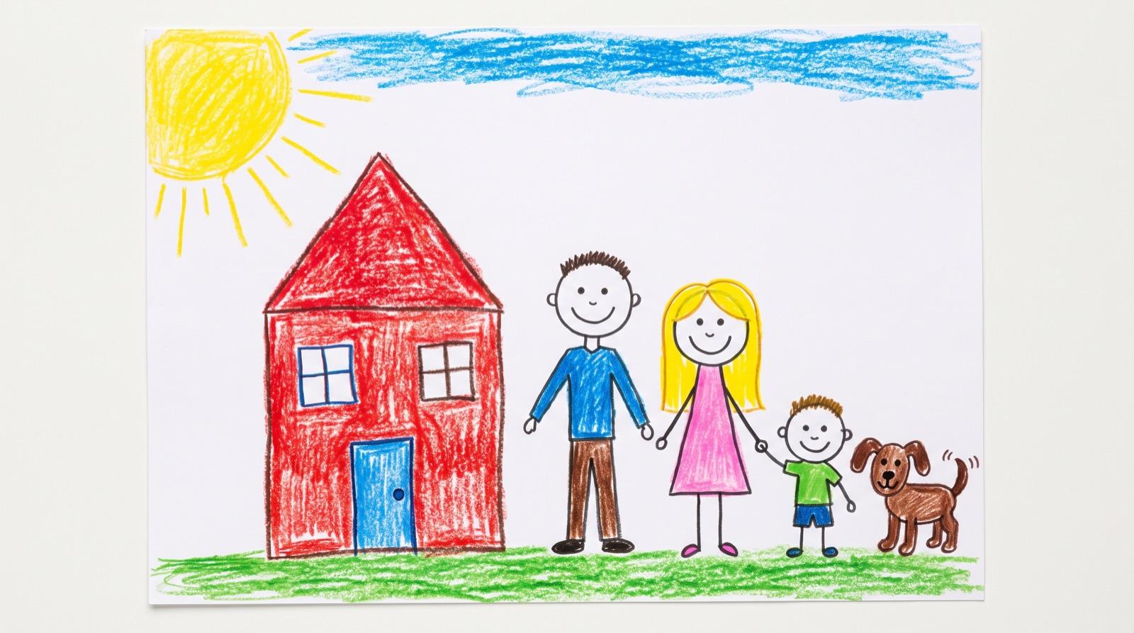 Kindertekening: Ons huis, papa, mama, Noor en hondje Bobbie
