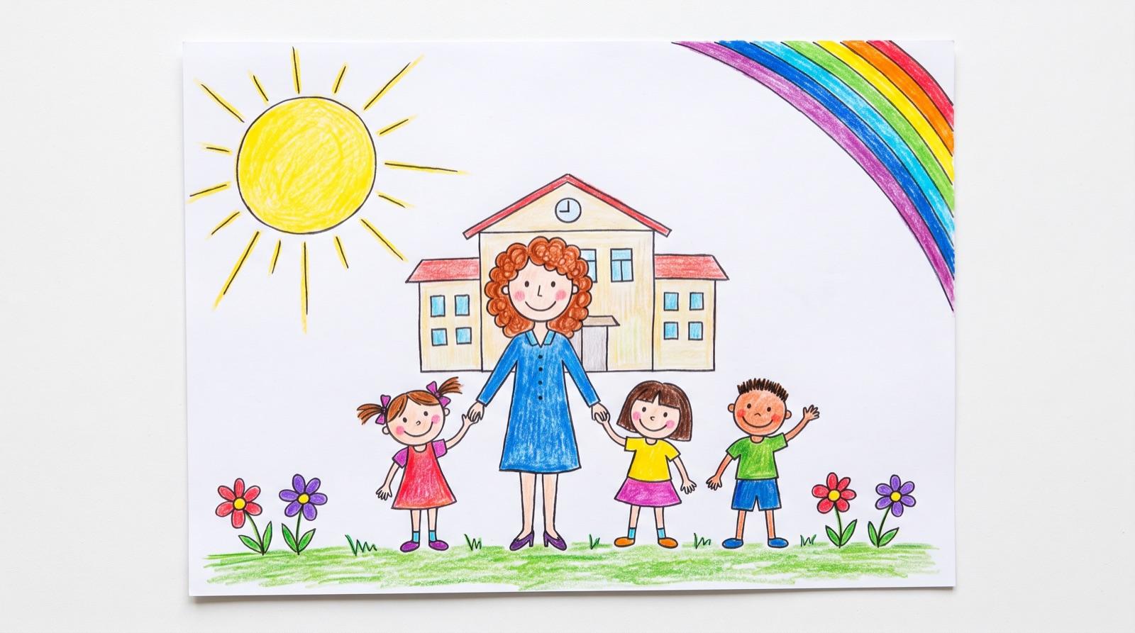 Kindertekening: De juf met drie kinderen voor de school, met de zon en een regenboog