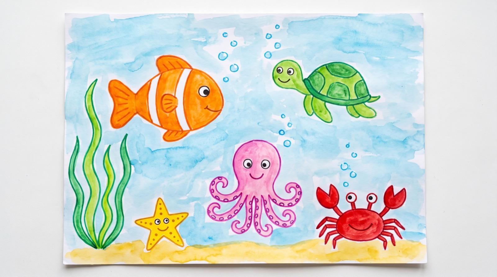 Kindertekening: Een vis, een schildpad, een octopus, een krab en een zeester
