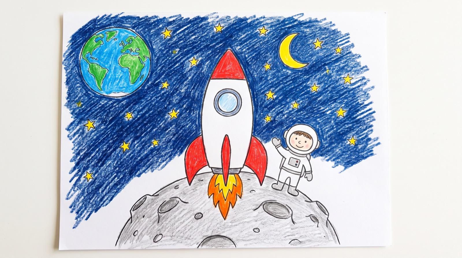 Kindertekening: Een raket en een astronaut op de maan, met de aarde