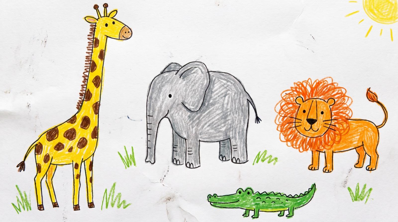 Kindertekening: Een giraf, een olifant, een leeuw en een krokodil