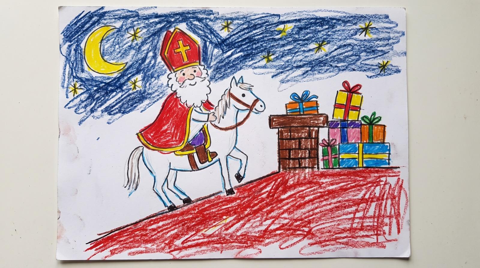 Kindertekening: Sinterklaas op zijn paard op het dak, met de schoorsteen en cadeautjes