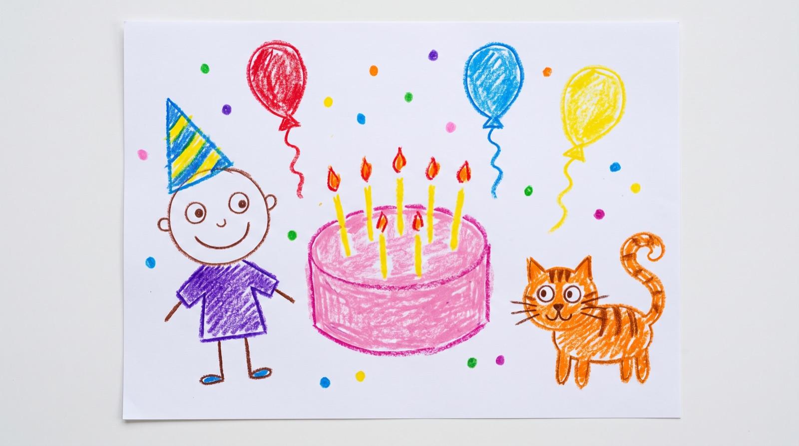 Kindertekening: Daan met een feesthoedje, zijn taart, ballonnen en poes Minoes