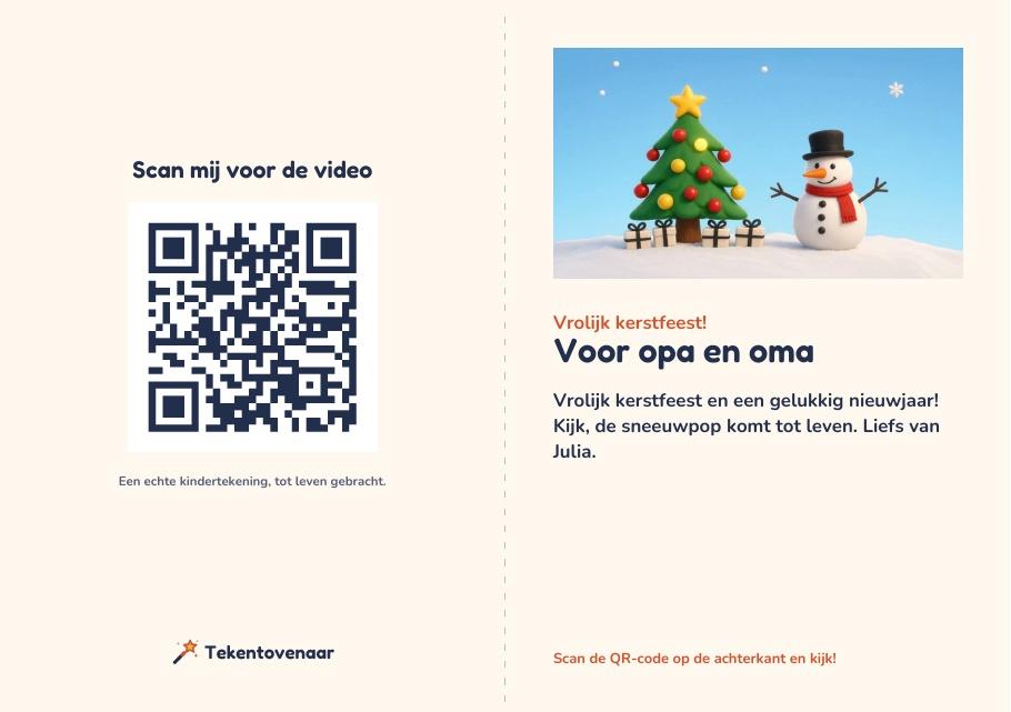 Voorbeeld van de printbare cadeaukaart met een beeld uit de video, een boodschap en een QR-code