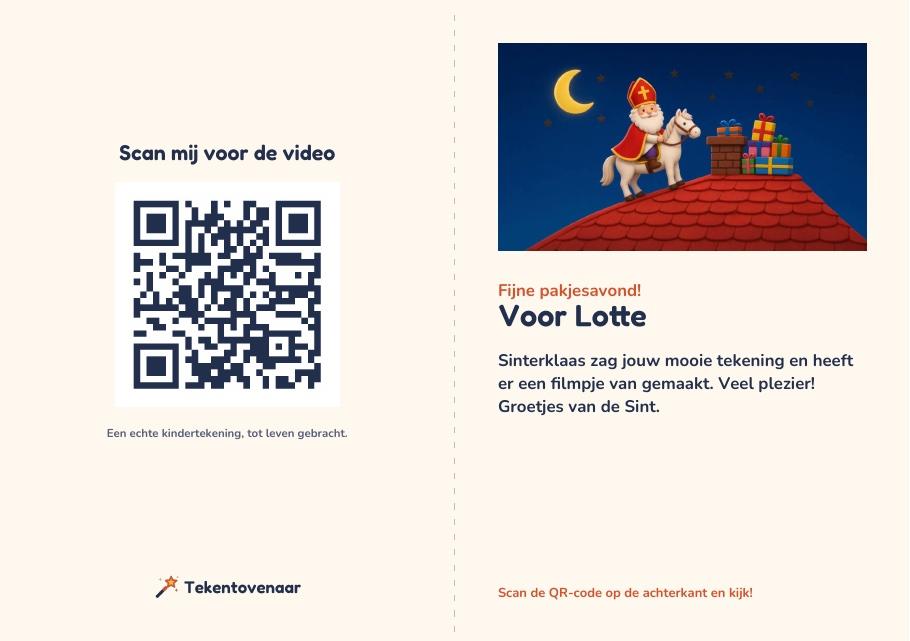 Voorbeeld van de printbare cadeaukaart met een beeld uit de video, een boodschap en een QR-code